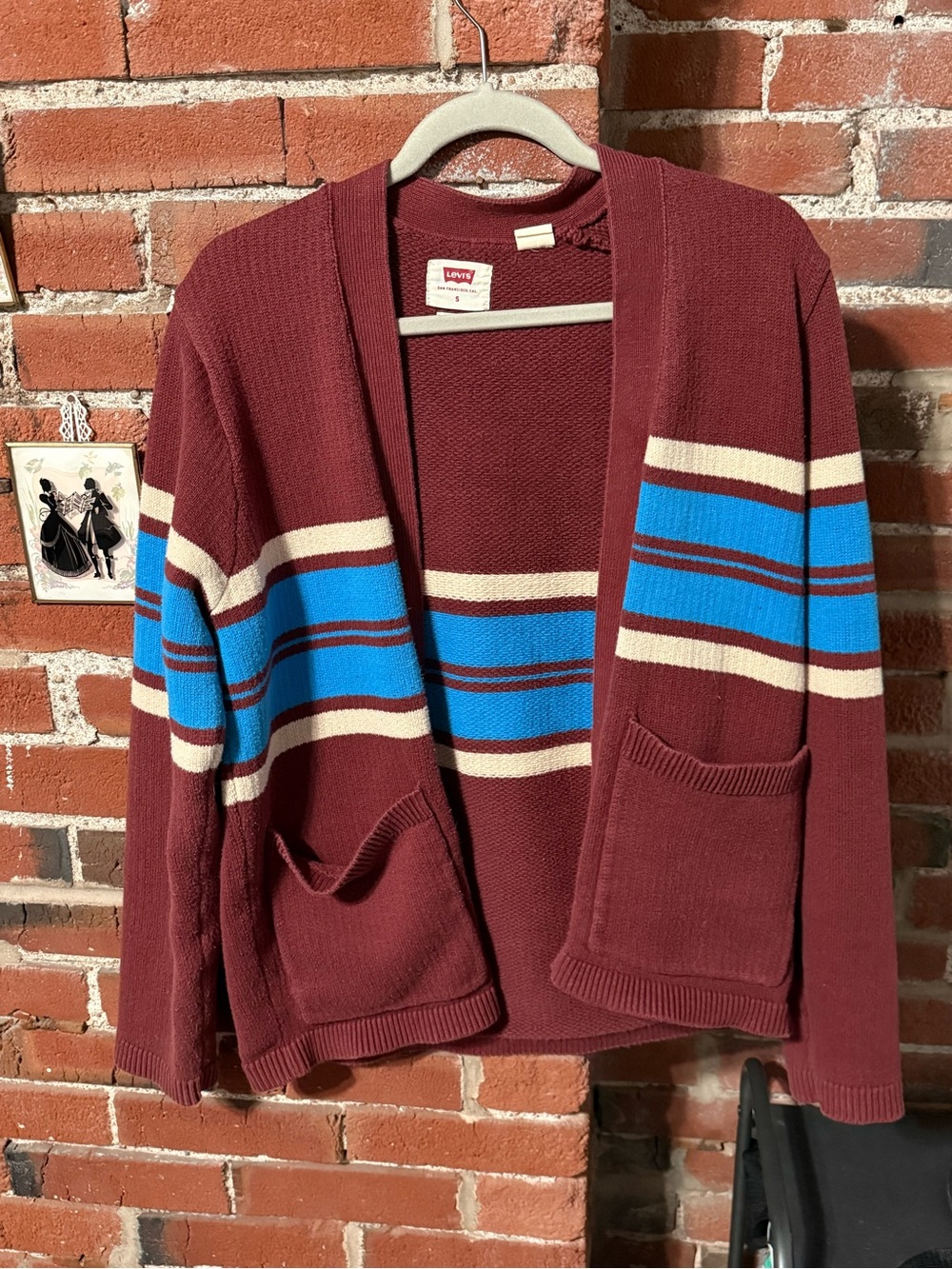 Levi's Women's Burgundy Open-Front Cardigan with Blue & Cream Stripes